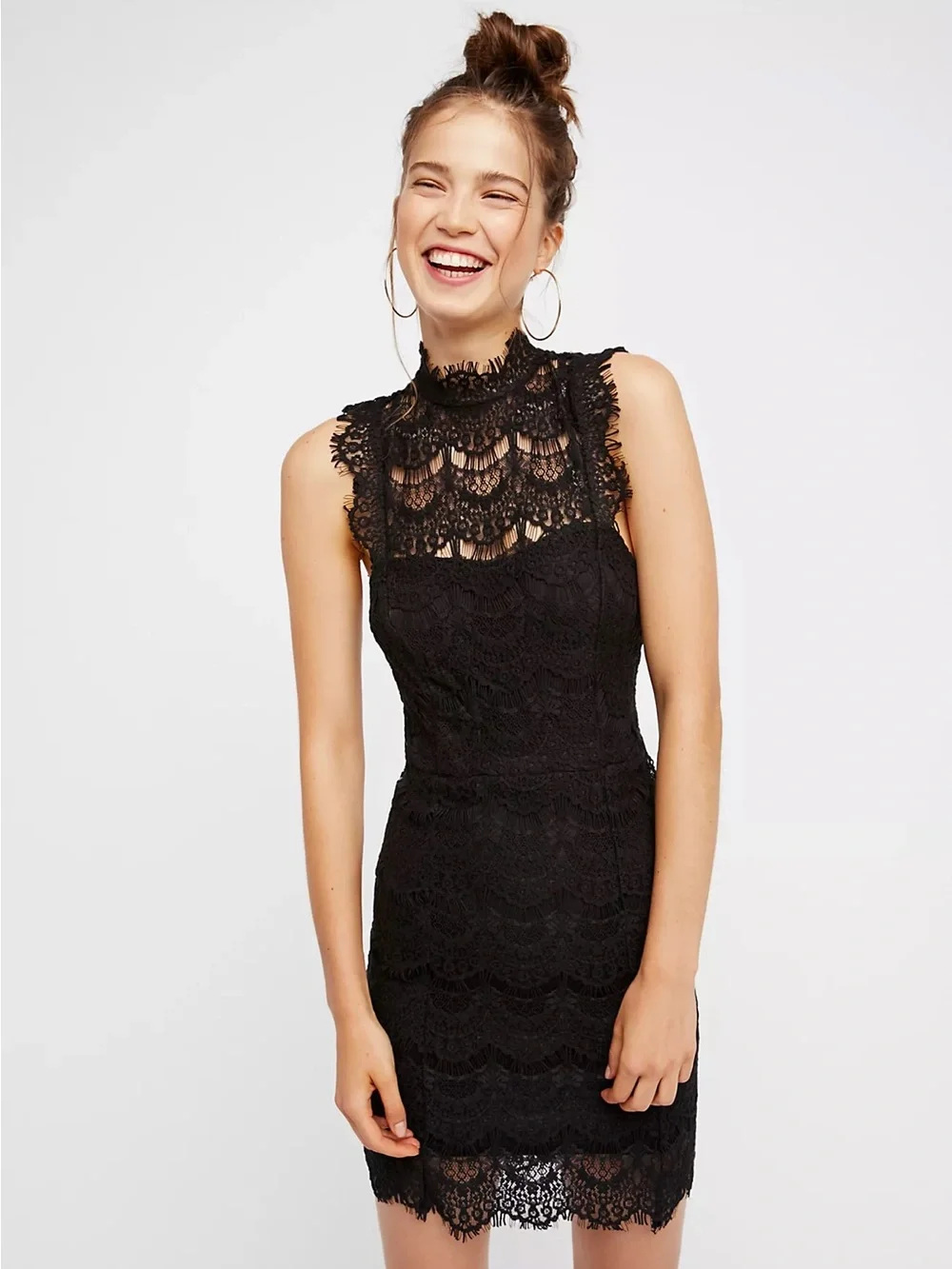 NWT Free People Black Lace Open Back Mini Dress Size Medium Mock Neck Cocktail